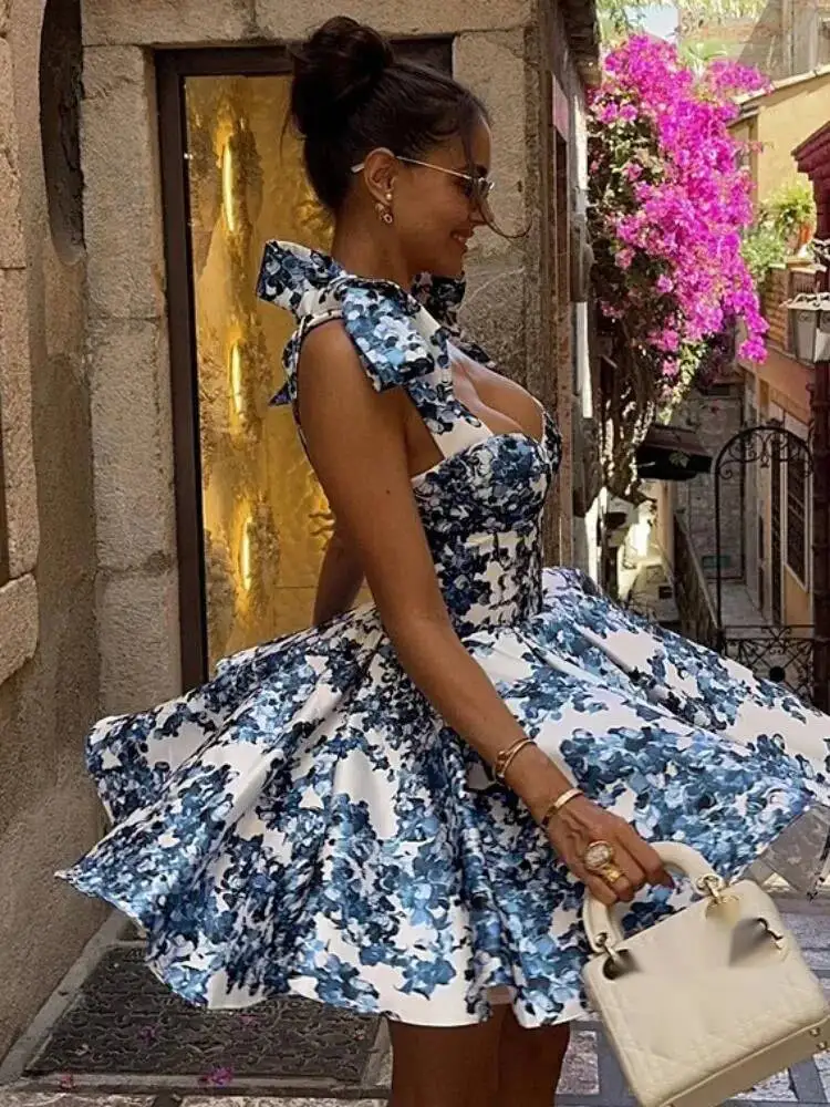 Sukienka damska vintage z niebieskim wzorem, wiązana na sznurowadła, z koronką, na ramiączkach, z wysoką talią, plisowana, mini w kształcie litery A, letnia, nowa, wakacyjna, model BQO8