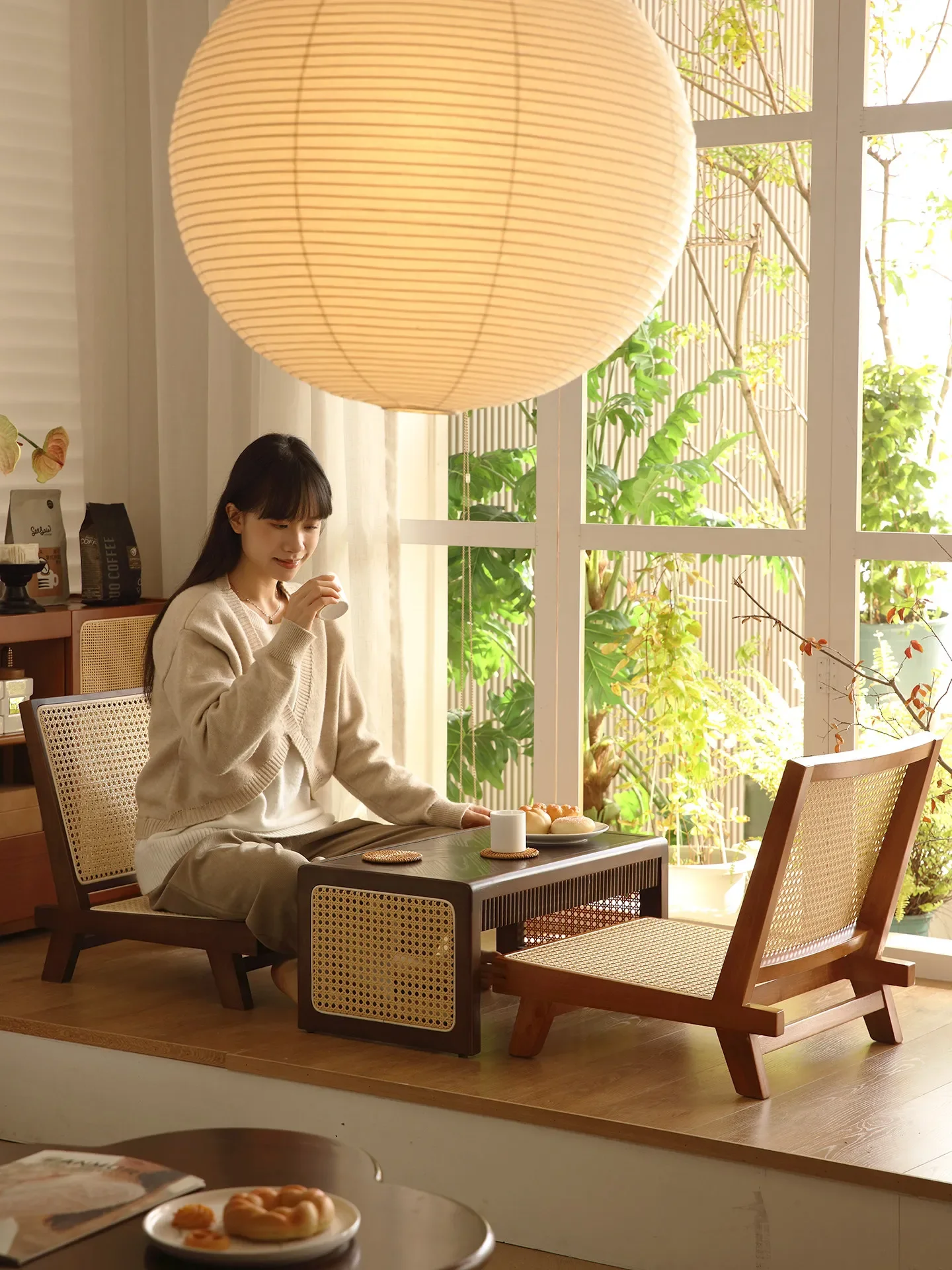 Original Solid Wood Chinese Retro Bay Window Tatami Rattan Seat Wabi Sabi balcony Single Sofa Backrest Tea Room Low Stool