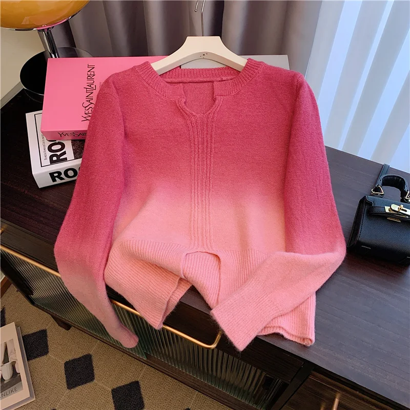 French elegant gradient color V-neck ladies knitted sweater autumn long sleeve gentle fashion pullover short sweater