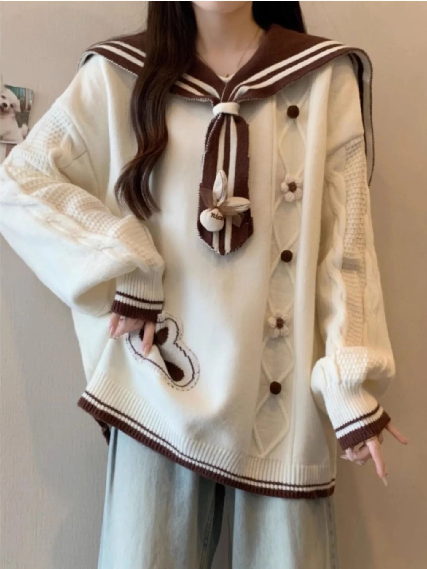 

Женский вязаный свитер большого размера кофейного цвета с темно-синим воротником, верхняя одежда для весны, осени и зимы, новинка, большие размеры, MM Ci Walk