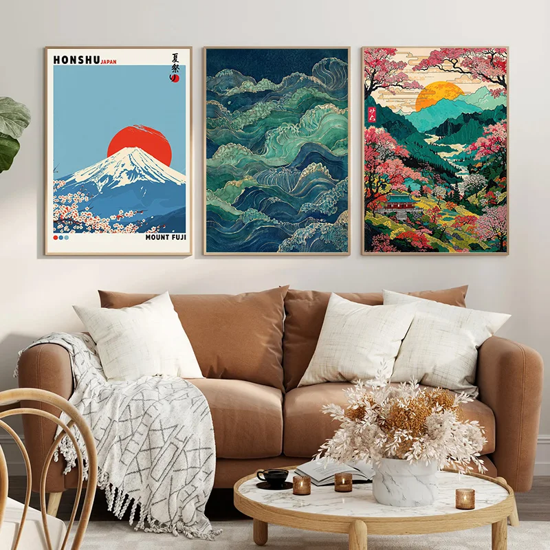 Japanese Ukiyo-e Style Wall Art Posters Fuji Mountain Ocean Wave Cherry Blossom Pagoda Canvas Prints Living Room Bedroom Decor