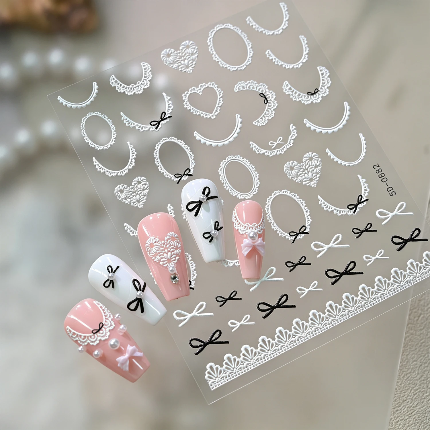 1Pcs White Lace Frame Black Bow Nail Sticker Heart Oval Laces Border Self Adhesive Nails Decal for Bridal Wedding Daily Manicure