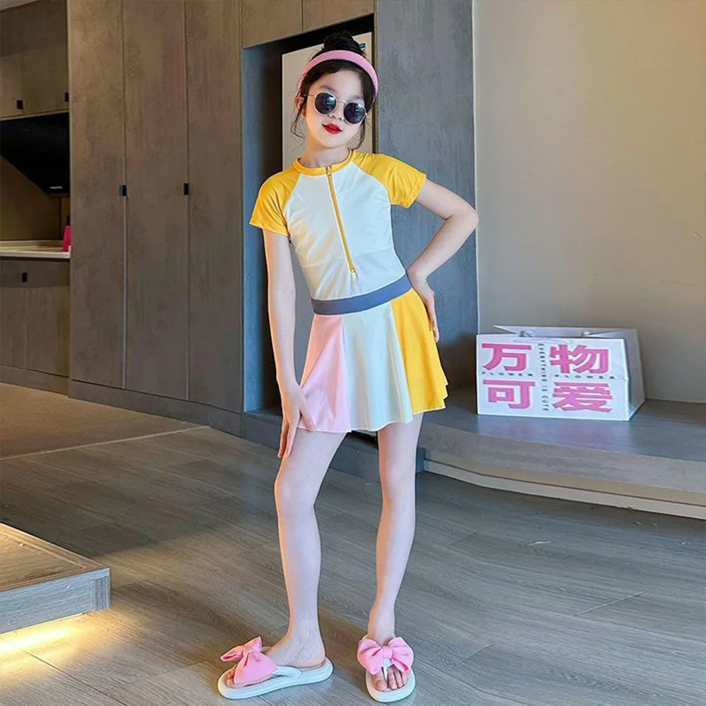 Cute Children's Girls One-Piece Dress Swimsuit Fashionable Color Blocking Quick Drying Summer Girls Student Pool Beach Swimsuit