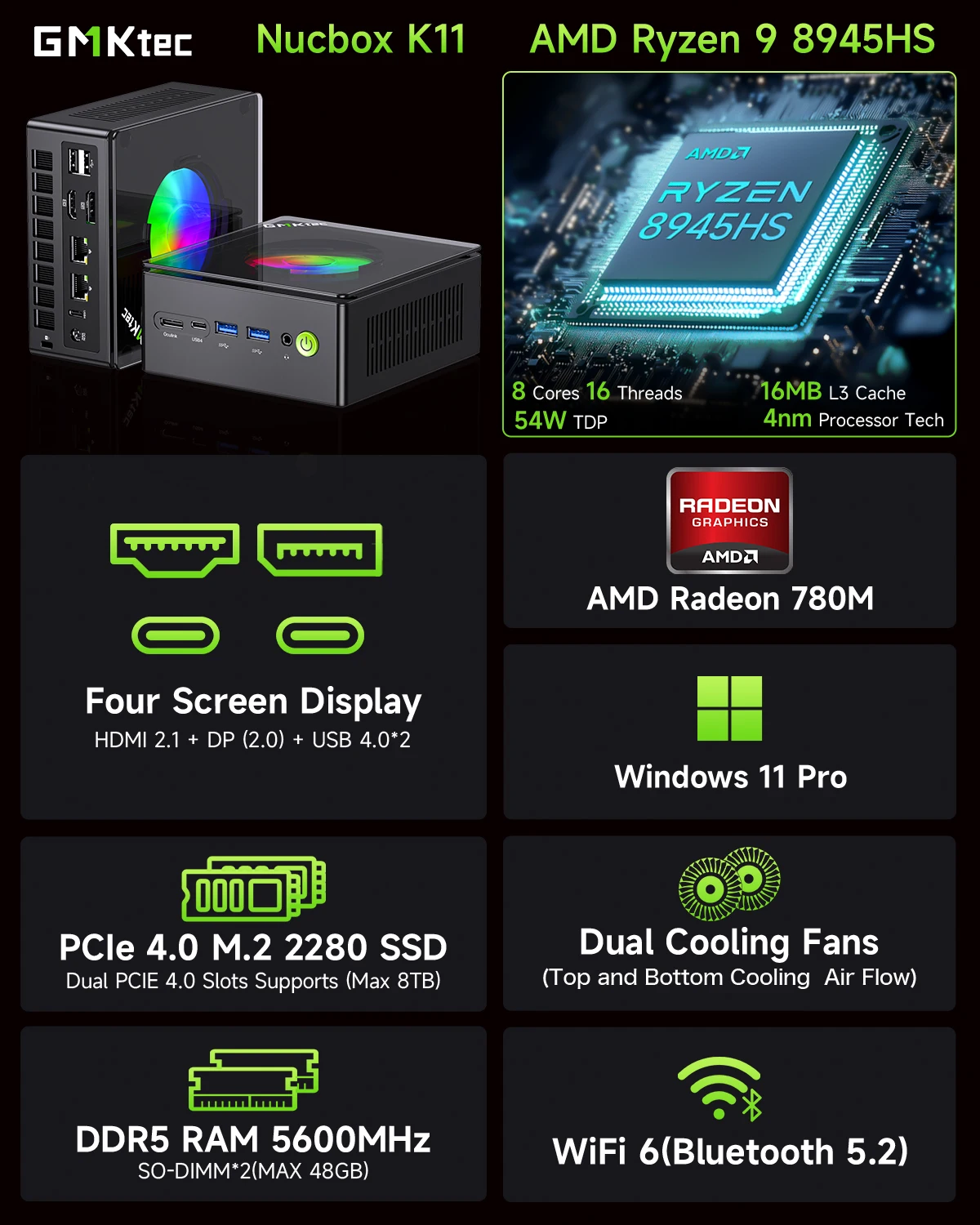 كمبيوتر صغير للألعاب GMKtec Nucbox K11 AMD Ry-zen 9 8945HS OCuLink 2x DDR5 2x PCIe RGB كمبيوتر محمول لسطح المكتب Windows11 WiFi6