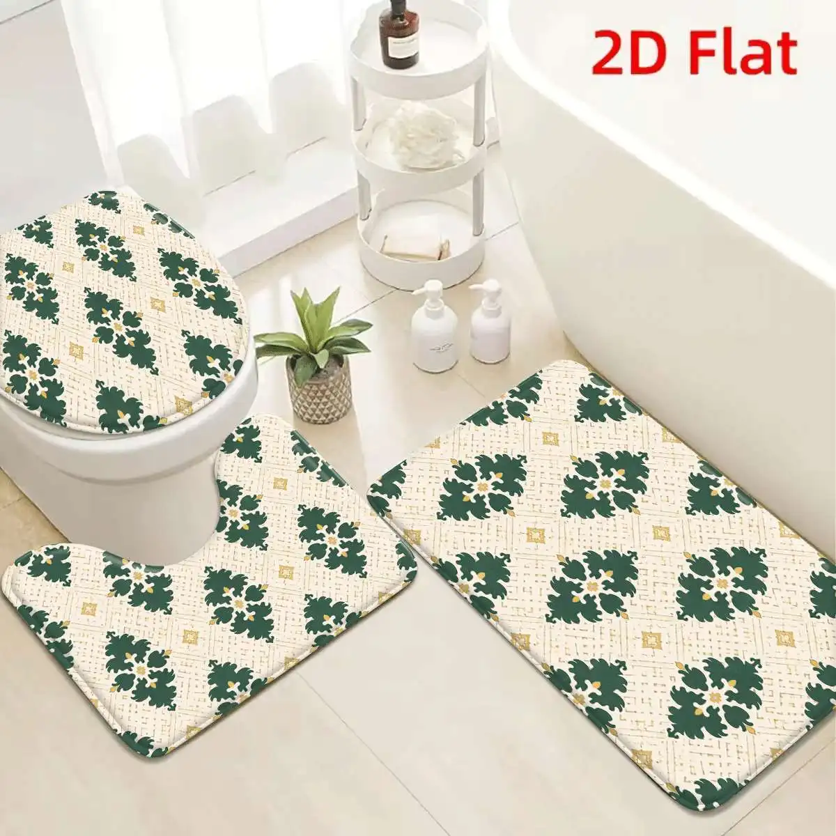 

3Pcs Beige Damask Bath Mat Non Slip Absorbent Toilet Rug with Lid Cover for Bathroom Washable Flannel Base