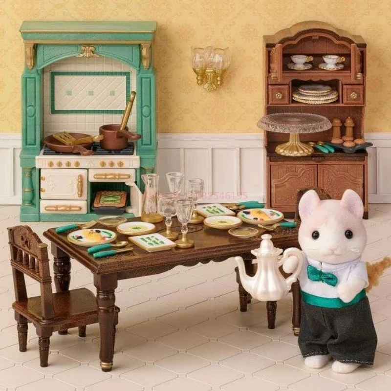 Original Anime Sylvanian Cat Dinner Party ชุดรับประทานอาหารครอบครัว Kawaii รูปตุ๊กตาสะสมของขวัญวันเกิดคริสต์มาสของขวัญของเล่น