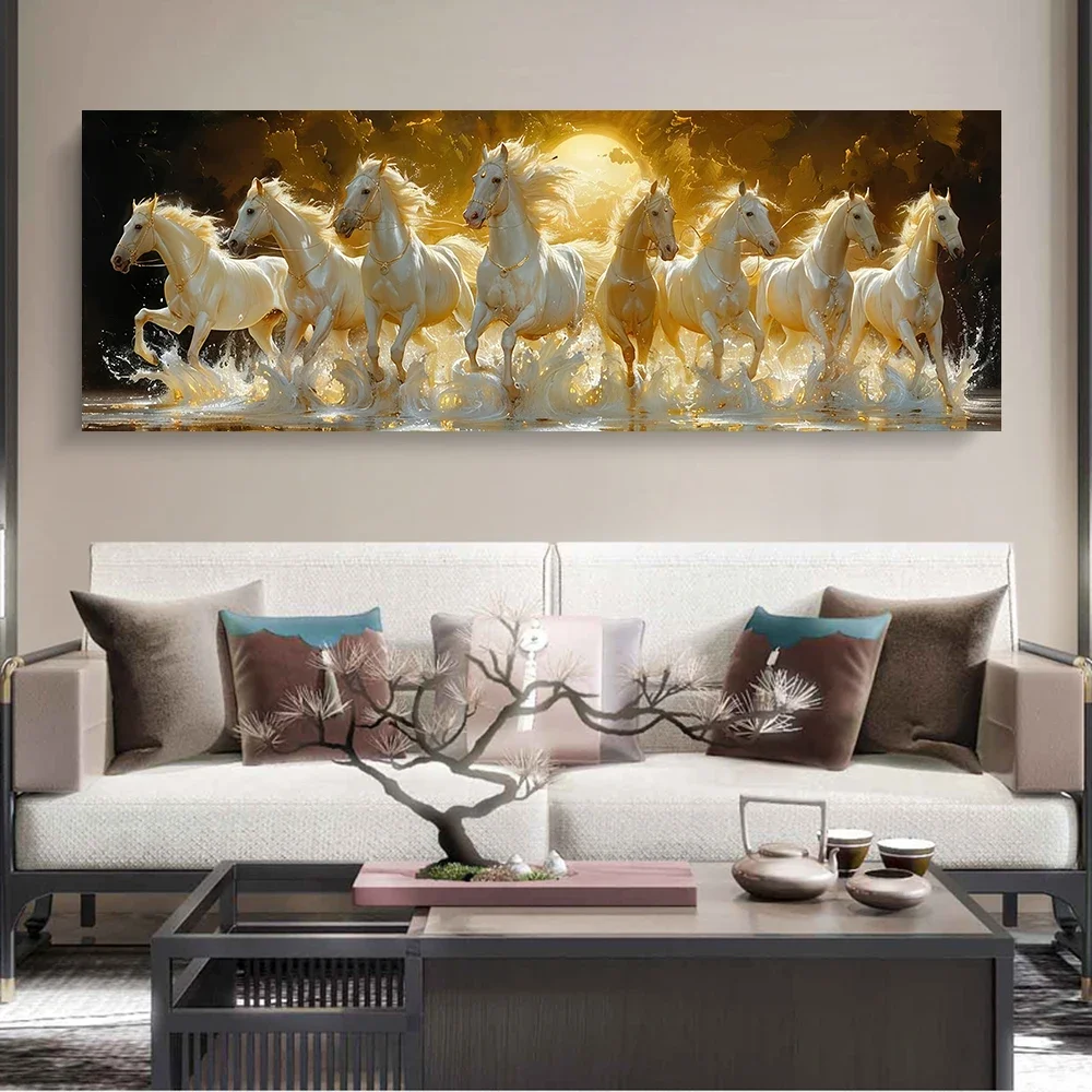 Abstract Golden White Horse Eight Horses Running Landscape in The Moonlight Canvas Painting Poster Print Home Wall Art Frameless