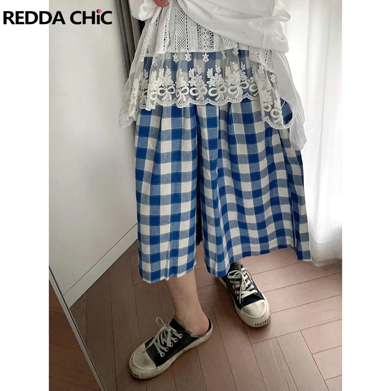 

ReddaChic Plaid Women Elastic Waist Baggy Jorts 90s Retro Gingham Trousers Pockets Wide Leg Short Pants Casual Summer Clothes