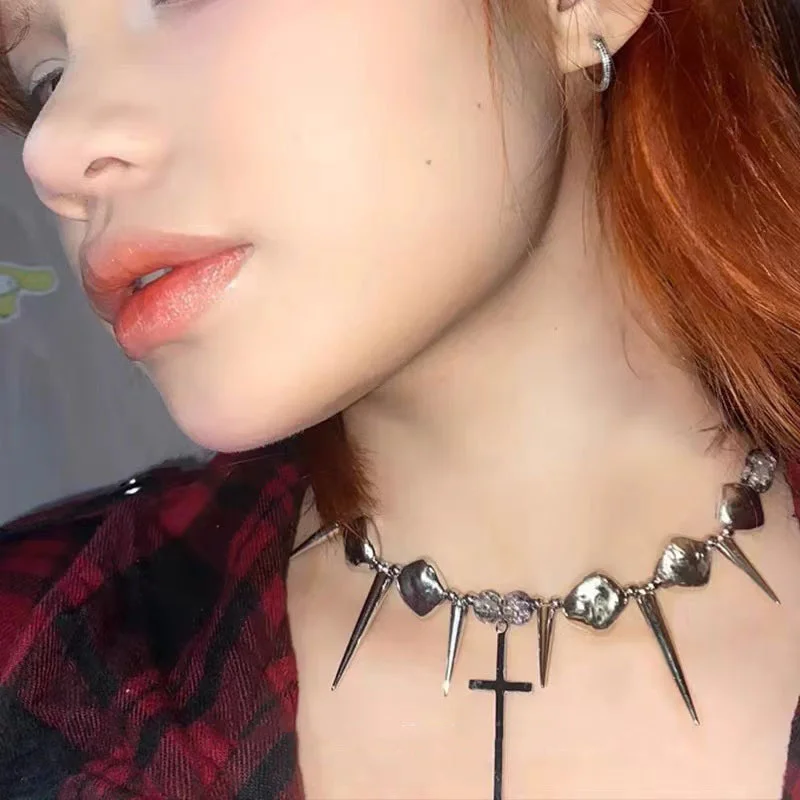 

Extendable Stainless Steel Chain With Cross Pendant And CCB Spiked Beads For Wen Women Y2k Gothic Punk Style Jewelry