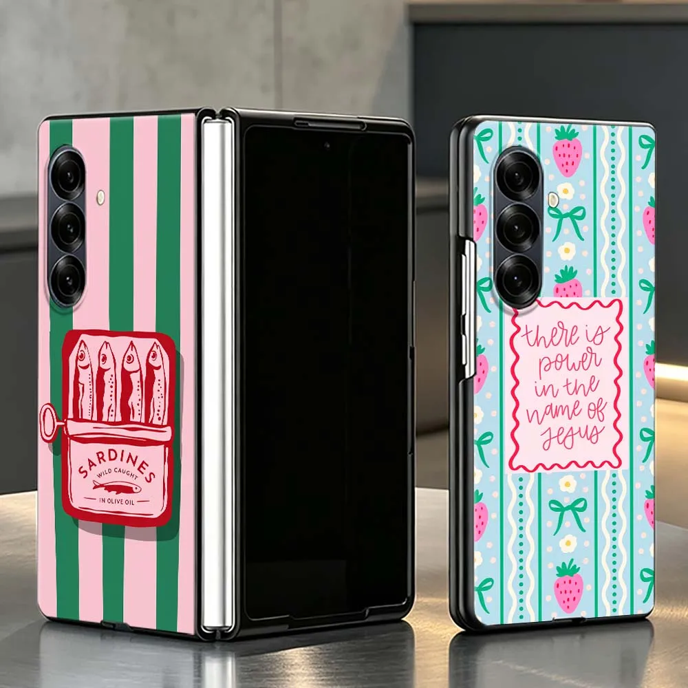 Cartoon Sardine Can Design Style PC Foldable Hard Phone Case For Samsung Galaxy Z Fold 3 4 5 6 7 8 5G Non-slip Shockproof Black