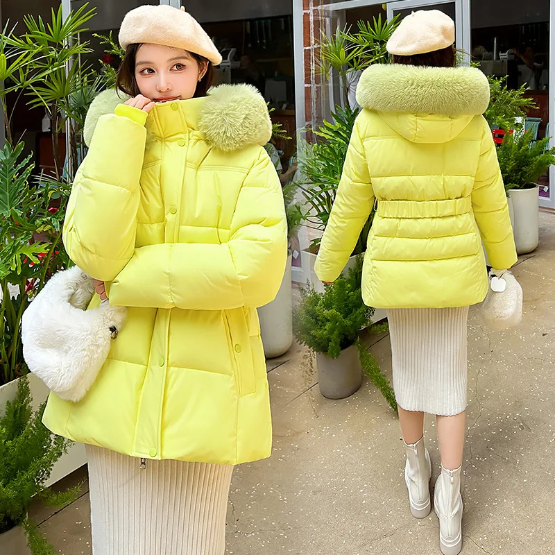 

New With Belt Women's Jacket Winter Parkas Down Cotton Padded Jacket Casual Fur Hooded Coat Thick Warm Hooded Parkas Outwear