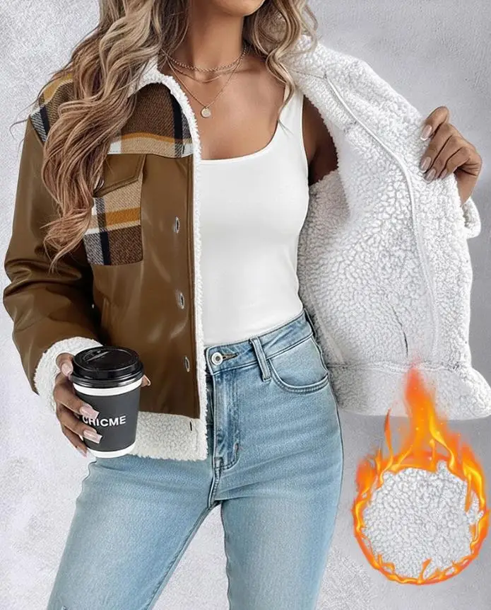 

Pu Leather Checkered Printed Patchwork Front Button Warm Lining Jacket Casual Faux Wool Border Flap Pocket Warm Jacket
