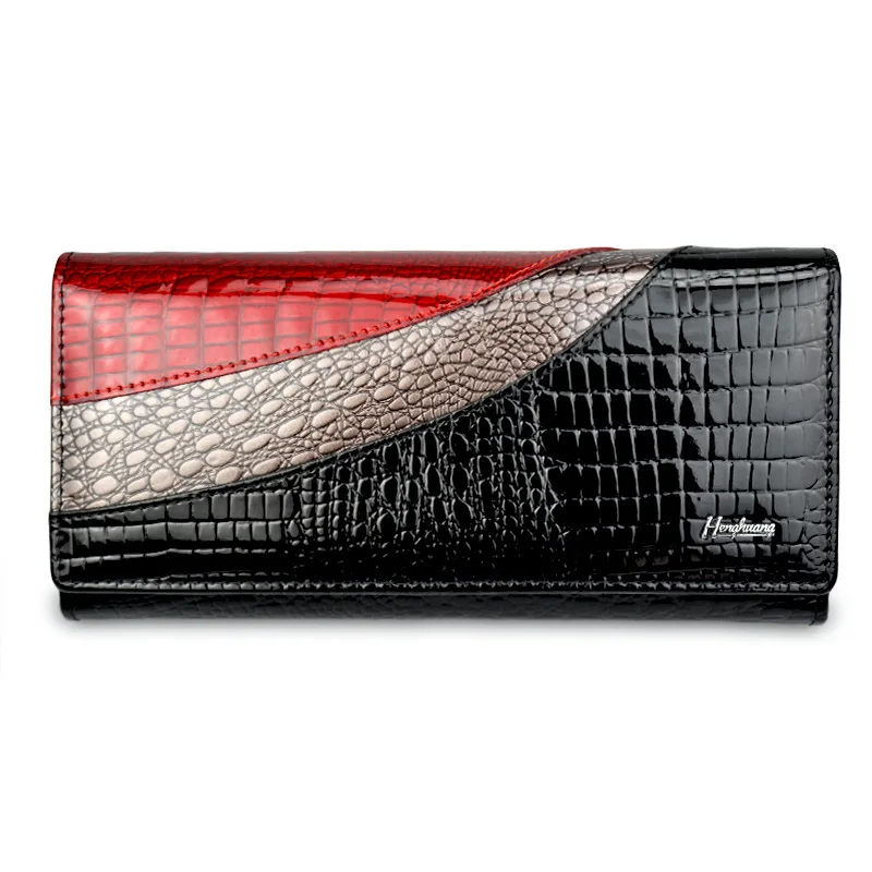 

Women's Genuine Leather Patchwork Wallet - Vintage Long Purse with Hasp Closure, Alligator Pattern Ladies Clutch Wallet