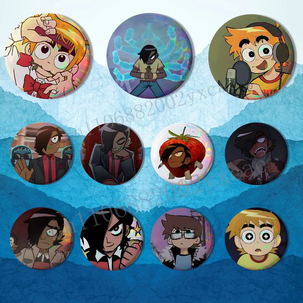 Matthew Patel S-Scott Pilgrim Reflective Pin Tinplate Round Brooch Cartoon Cosplay Badges for Bag Hat Toys Gifts