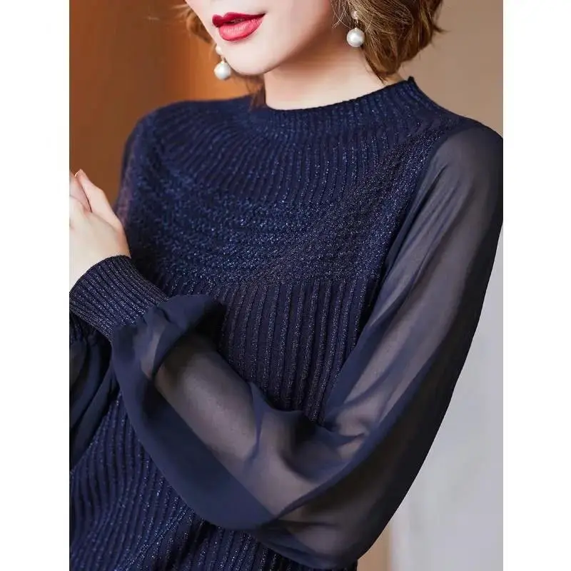 Fashion Elegant Commute Women\'s Half High Collar Knitted Pullovers Spring Female Clothing Solid Color Gauze Long Sleeve Sweaters