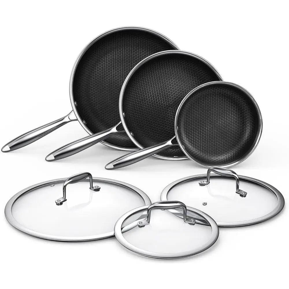 Hybrid Nonstick Frying Pan Set 6-Piece Cookware Tempered Glass Lids Dishwasher Oven Safe Scratch Resistant Induction Compatible