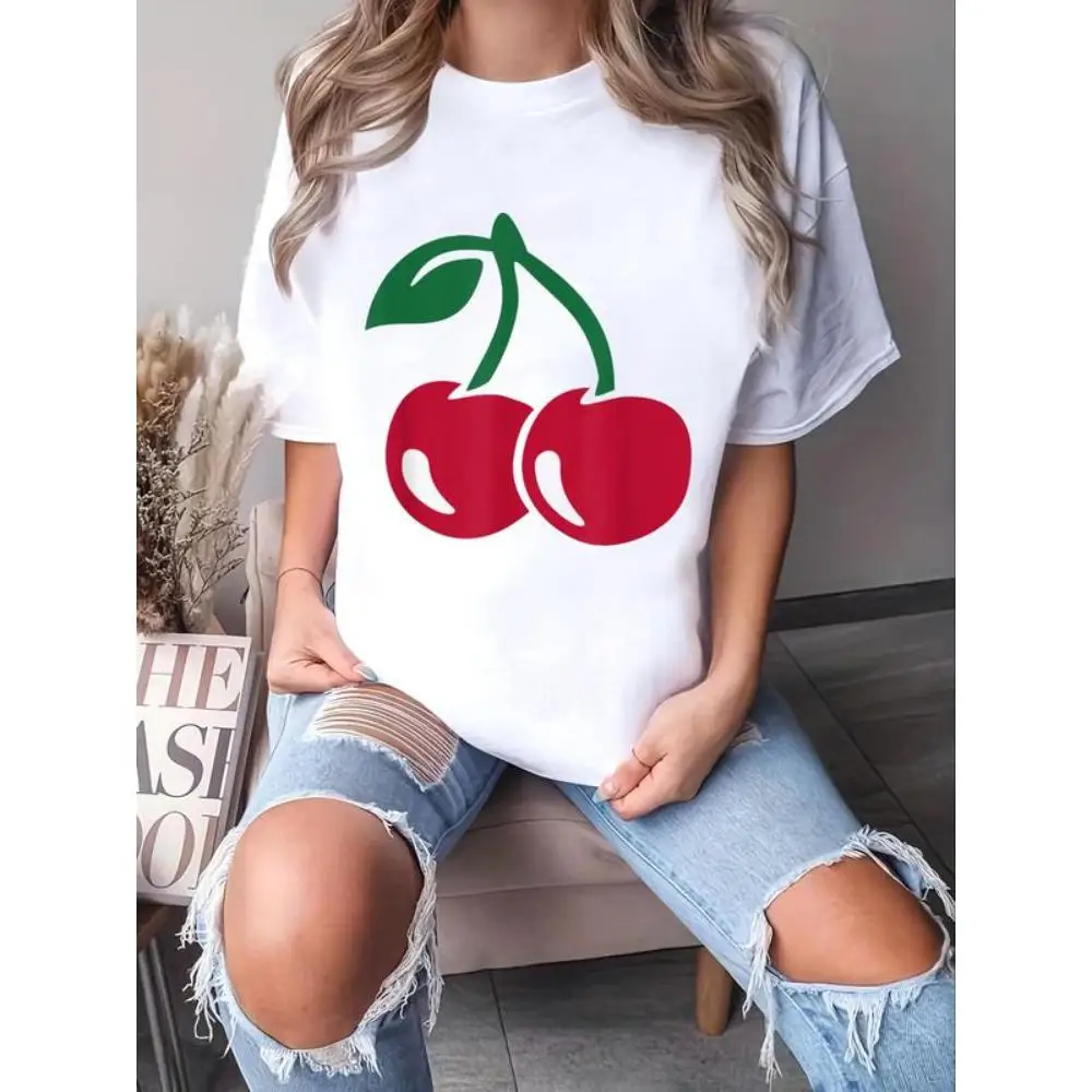 

Women's Cute Cherry T-Shirt Fresh Fruit Print Summer Casual Tee Sweet Minimalist Graphic Top Healthy Lifestyle Gift