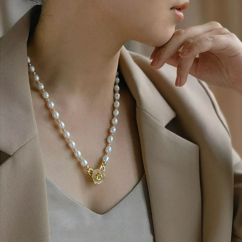 

Hot Sale Trendy Camellia Flower Natural Freshwater Pearl 14K Gold Filled Female Pendant Necklace Jewelry For Women Chain Gift