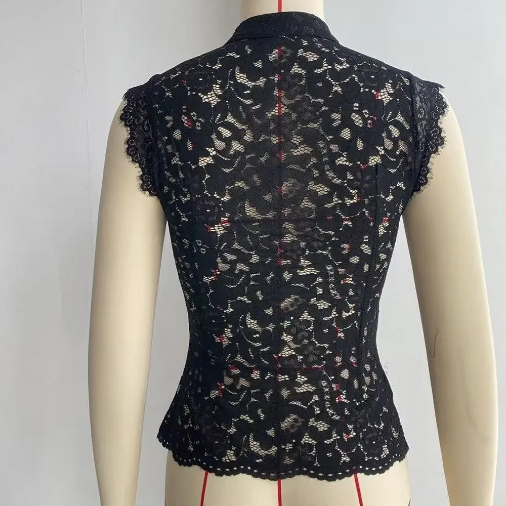 Elegant Slim Fit Lace Crop Top Hollow Out Stand Collar Sleeveless Vest Frog Button Front Split Y2K Girl Tops Summer