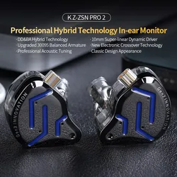KZ-ZSN Pro 2 In Ear Metal Earphones, HiFi Bass Headphone, Monitor Earbuds, Esporte Headset Cancelamento de Ruído, 1BA + 1DD Tecn