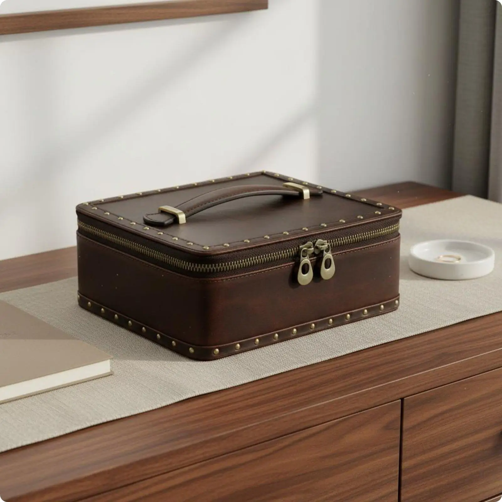 Classic Leather Jewelry Box with Handle for Watch Ring Earring Storage Vintage Decorative Case