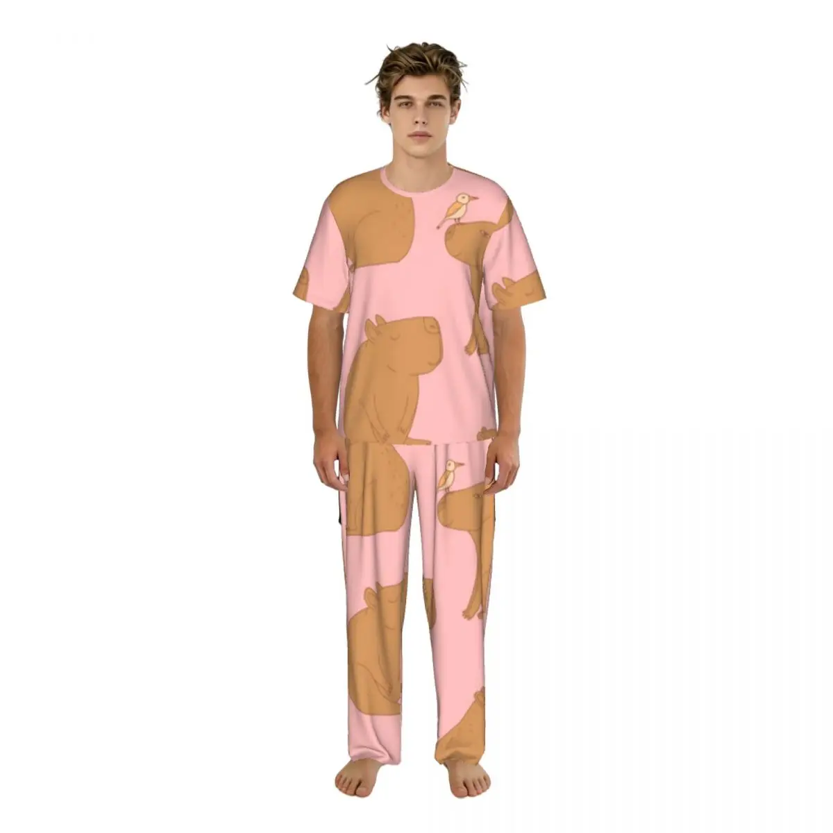 Men's Pajamas Set Summer Short-Sleeve Tops + Long Pants Nightwear Home Wear Suits Capybara Pattern Sleepwear