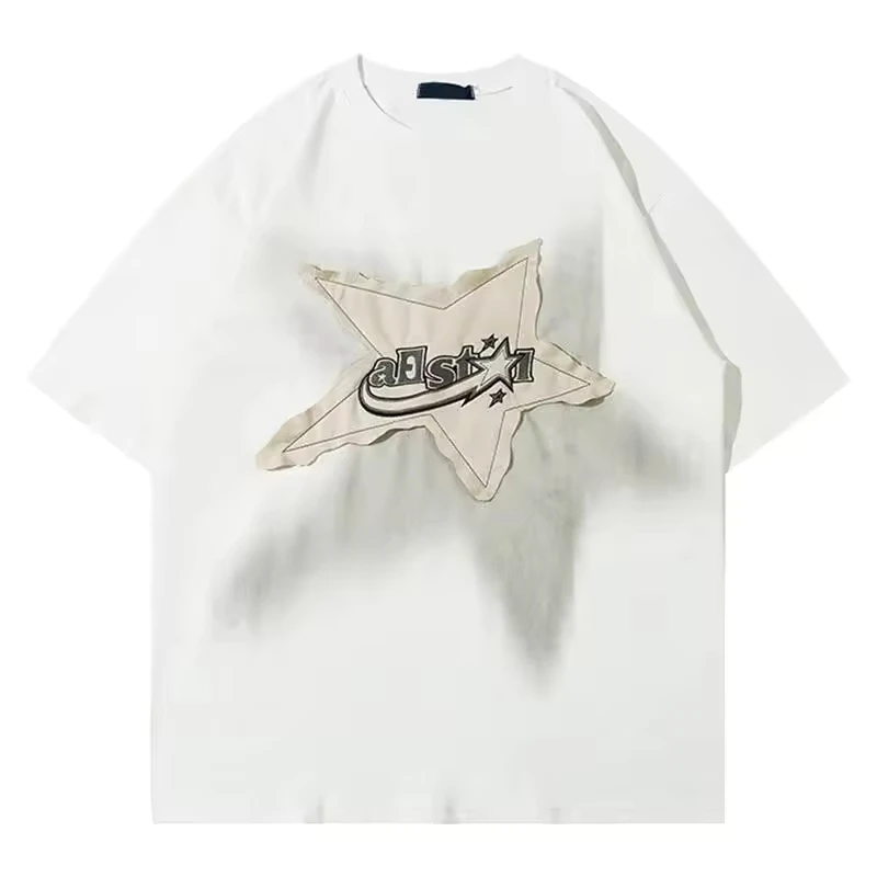 Oversized Vintage Star T Shirt Men Allstar Patch Applique Ink Effect White Cotton Streetwear Tee Fashion Top Vintage Hop — купить у AliExpress WW