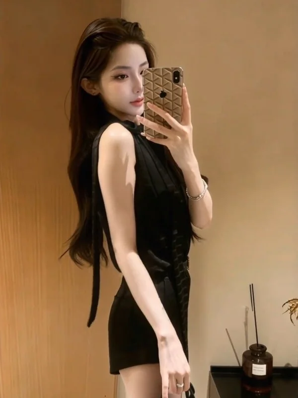Summer Fashion High Waist Short Pants Two-Piece Set V-Neck Sleeveless Vest Top Belted Elegant Ladylike Trendy Slimming