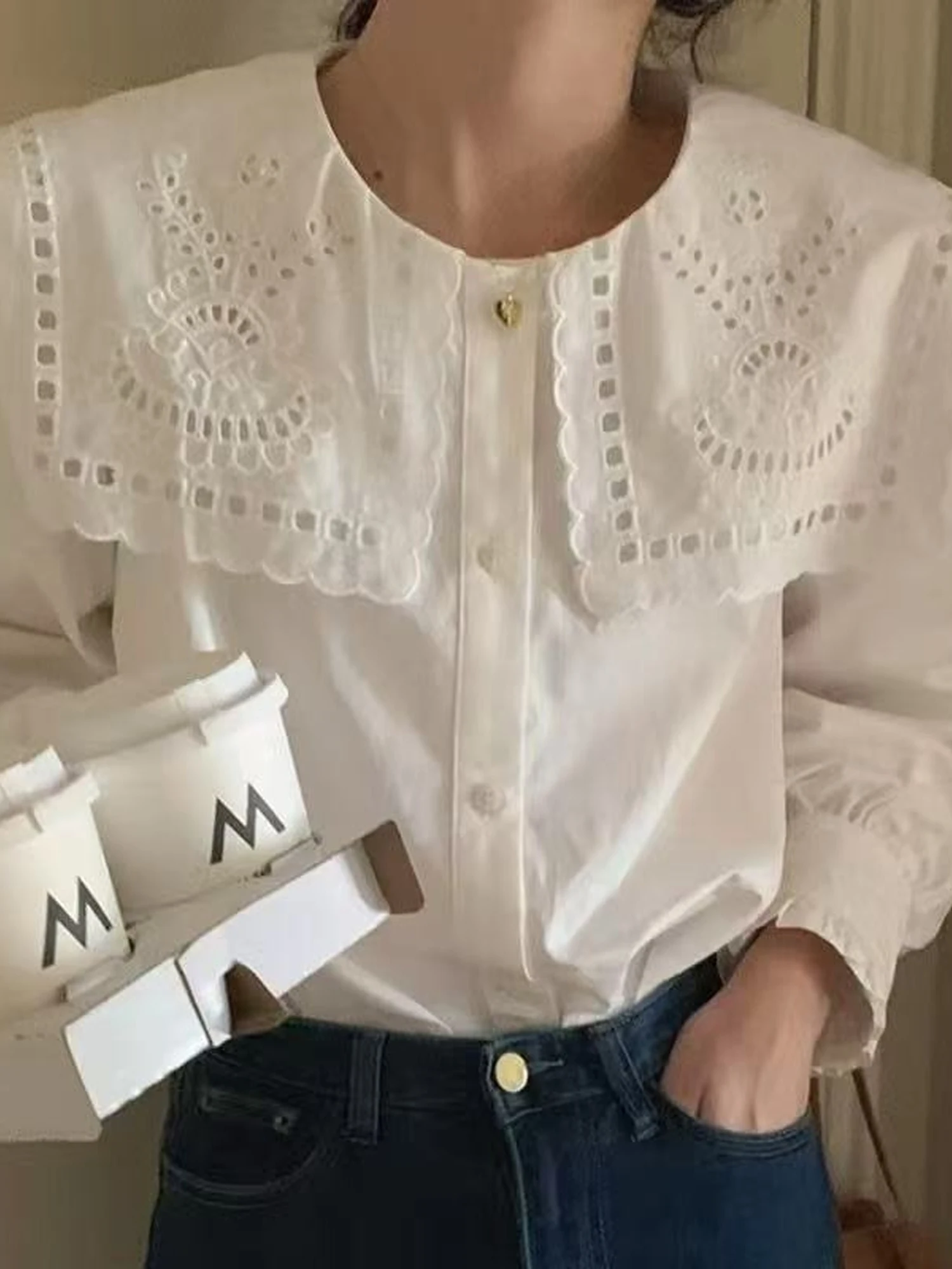 Elegant Embroidered Hollow out Large Collar Single Button Fashionable Anti-Aging White Shirt Women's Inner Wear Top