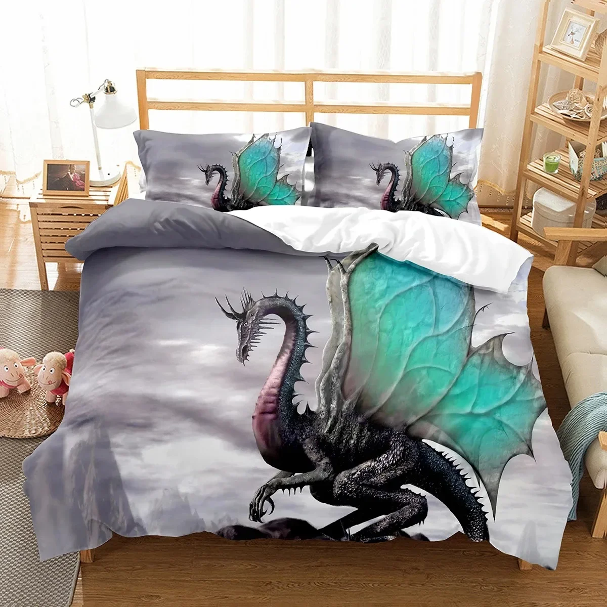 مجموعة غطاء لحاف التنين الكرتوني Fly Dragon غطاء لحاف للحيوانات البرية للأطفال الأولاد والرجال طقم سرير غطاء لحاف ناعم خفيف الوزن