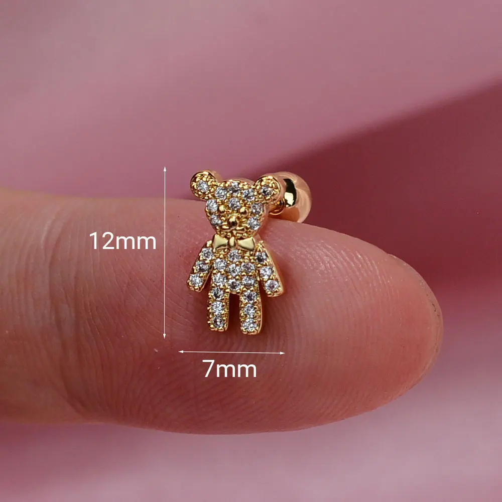 1Piece Fashion Sweet Crystal Flower Small Bear Stud Earrings  Women Cute Animal Piercing Earring For Teen Girls Accessories Gift
