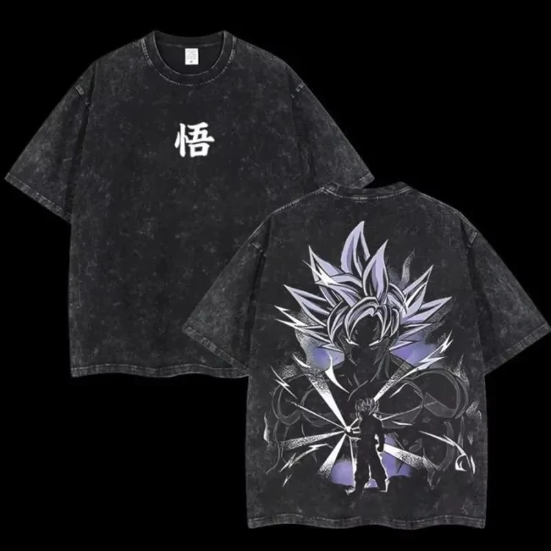

Футболка Goku Ultra Instinct мужская, с эффектом кислотной стирки, аниме, фиолетовый оттенок, хлопок, винтаж, для спортзала, уличная одежда, с графическим принтом канджи на спине