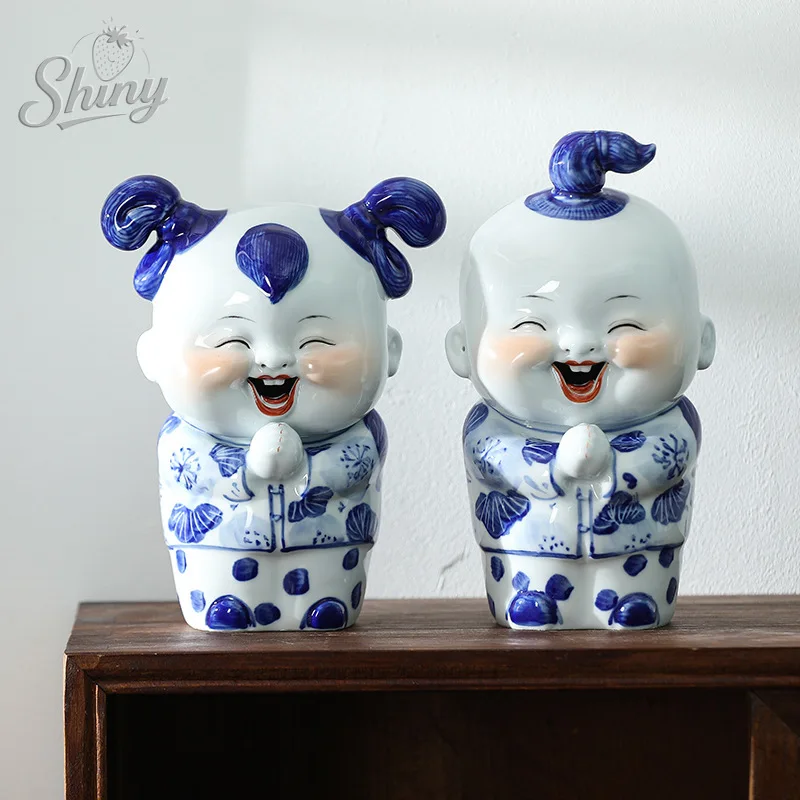 2pc Chinese Fuwa Ceramic Statue Blue and White Porcelain Happy Boy Girl Figurines Home Desktop Decor Ornament Gift