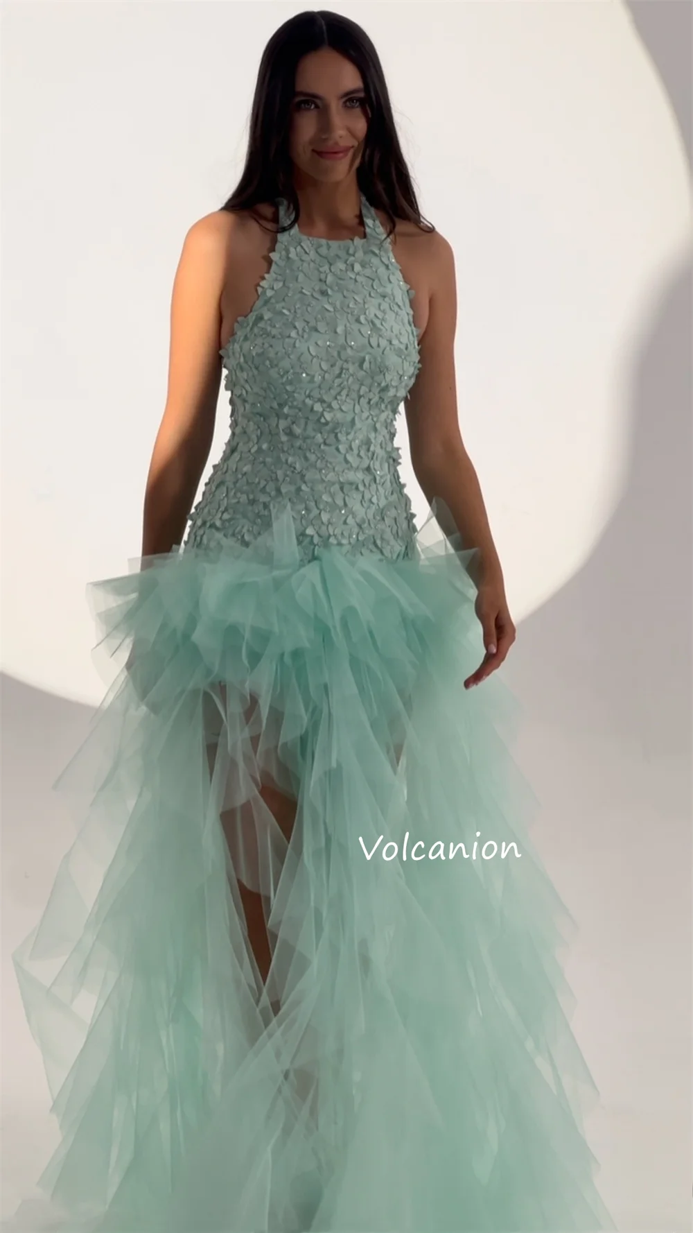 Gaun Pendek A-line Halter Berpayet Applique Jaring Kustom Acara Dipesan Lebih Dahulu Mode Formal Pesta Gaya Modern
