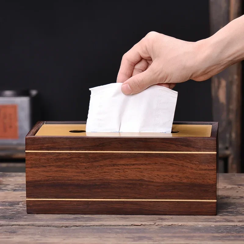 황동 상감 내장 흑단 티슈 박스, 단단한 나무, 오리지널 중국 스타일 보관함, 고급 레트로 장식 홈 액세서리