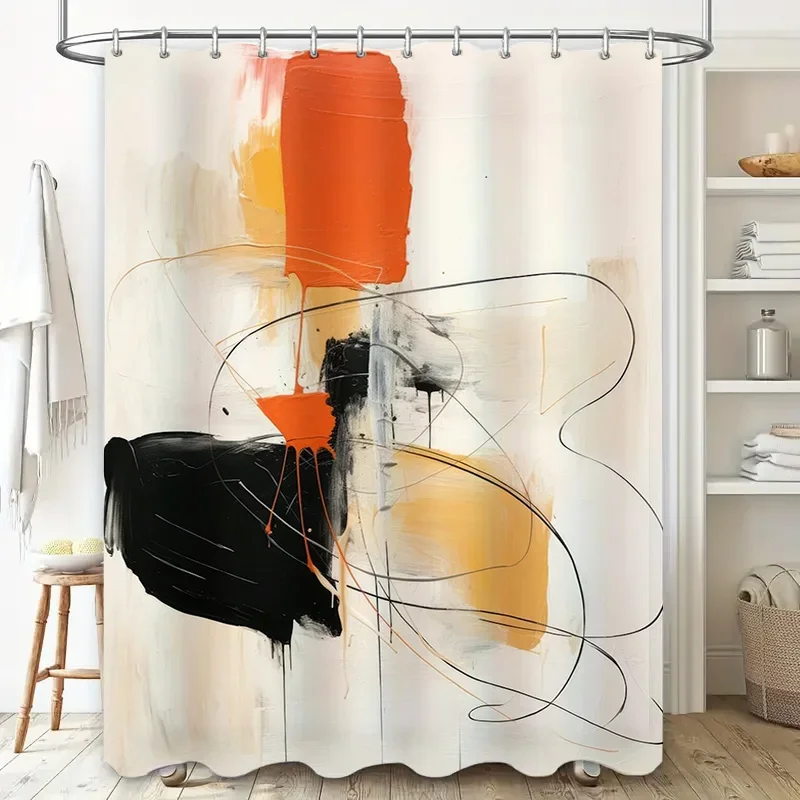 

Stylish Abstract Bathroom Shower Curtain Orange Black White Yellow Handpainted Design for Bath Decorations Home Decoration Water