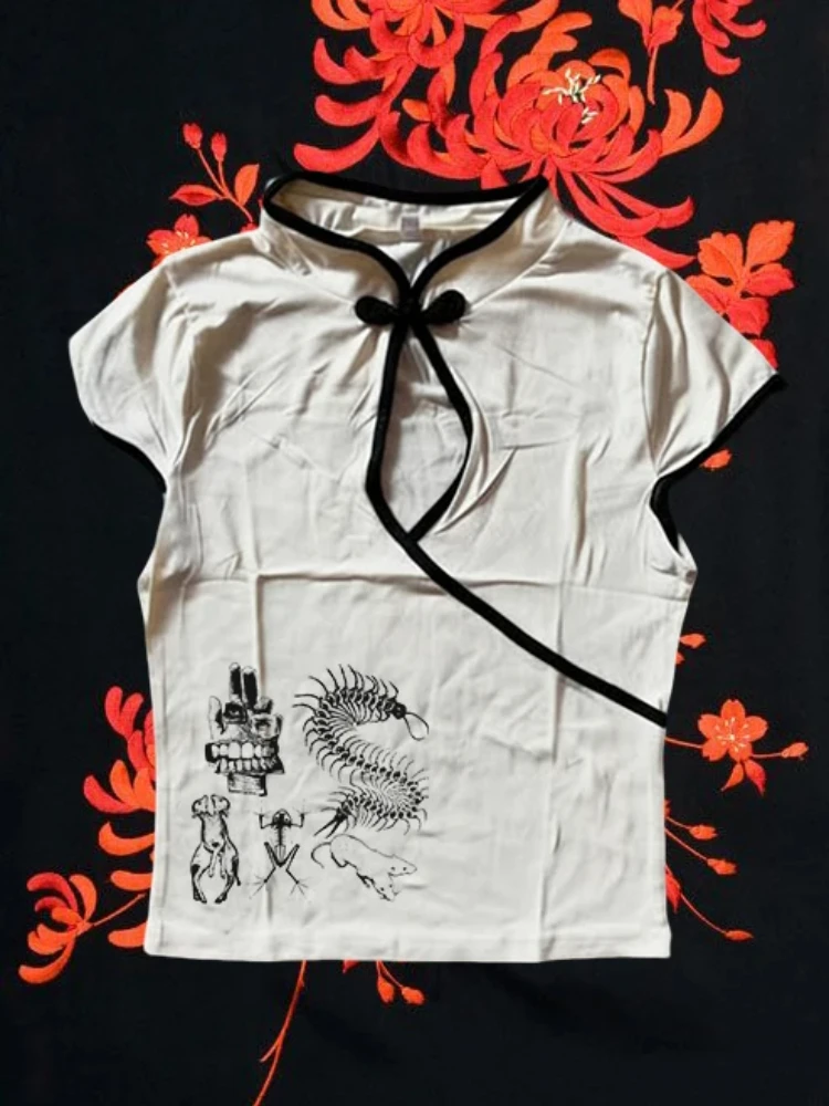 New Chinese Style Aesthetics Printed Slim Versatile Casual T-shirts Harajuku Fashionable Comfortable Buckle Summer Women's Tops