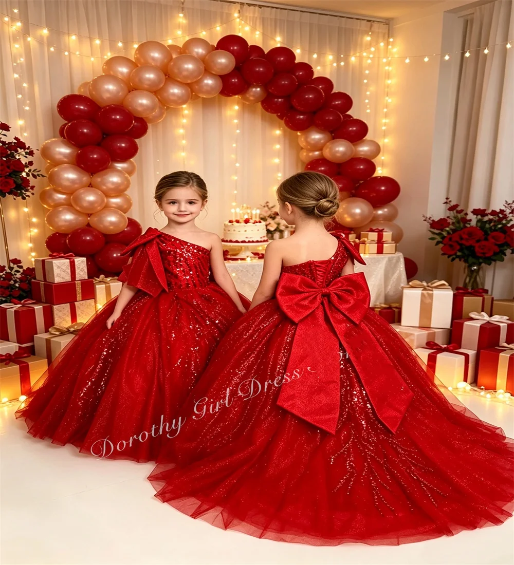 Red One Shoulder Luxury Princess Style Party Dress with Fluffy Bow Sequins for Teenagers' Birthdays and Evening Gowns