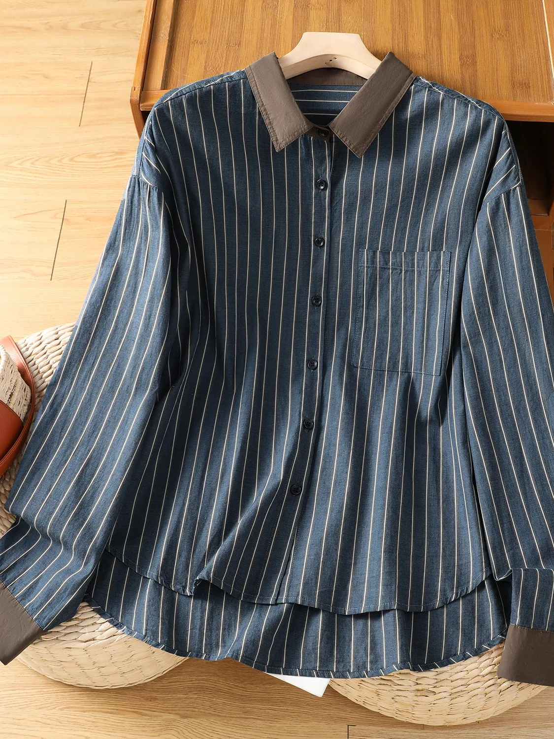 

Casual Cotton Linen Stripe Shirt Women's Spring High End Long Sleeve Turn-down Collar Patchwork Color Block Design Breathable