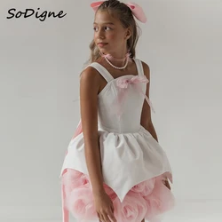 SoDigne 3D Flower A-line Satin Short Flower Girl Dress Sleeveless Birthday Party Dresses 2025 Skirt Girls Kid Gown Customized