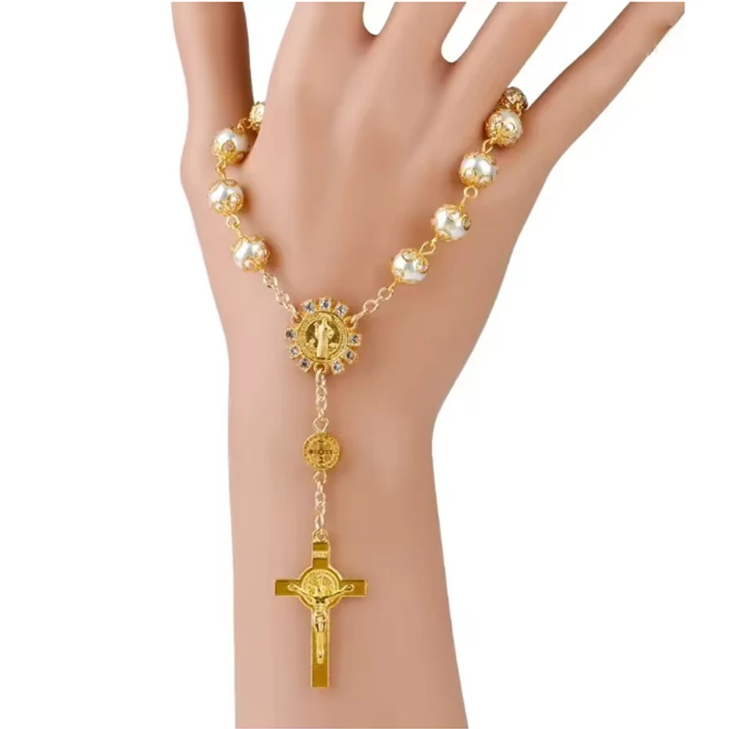 Religious Catholic Bracelet Charm Glass Beaded Saint Crucifix Divine Mercy Gift for Women Men Prayer Party Fashion Jewelry