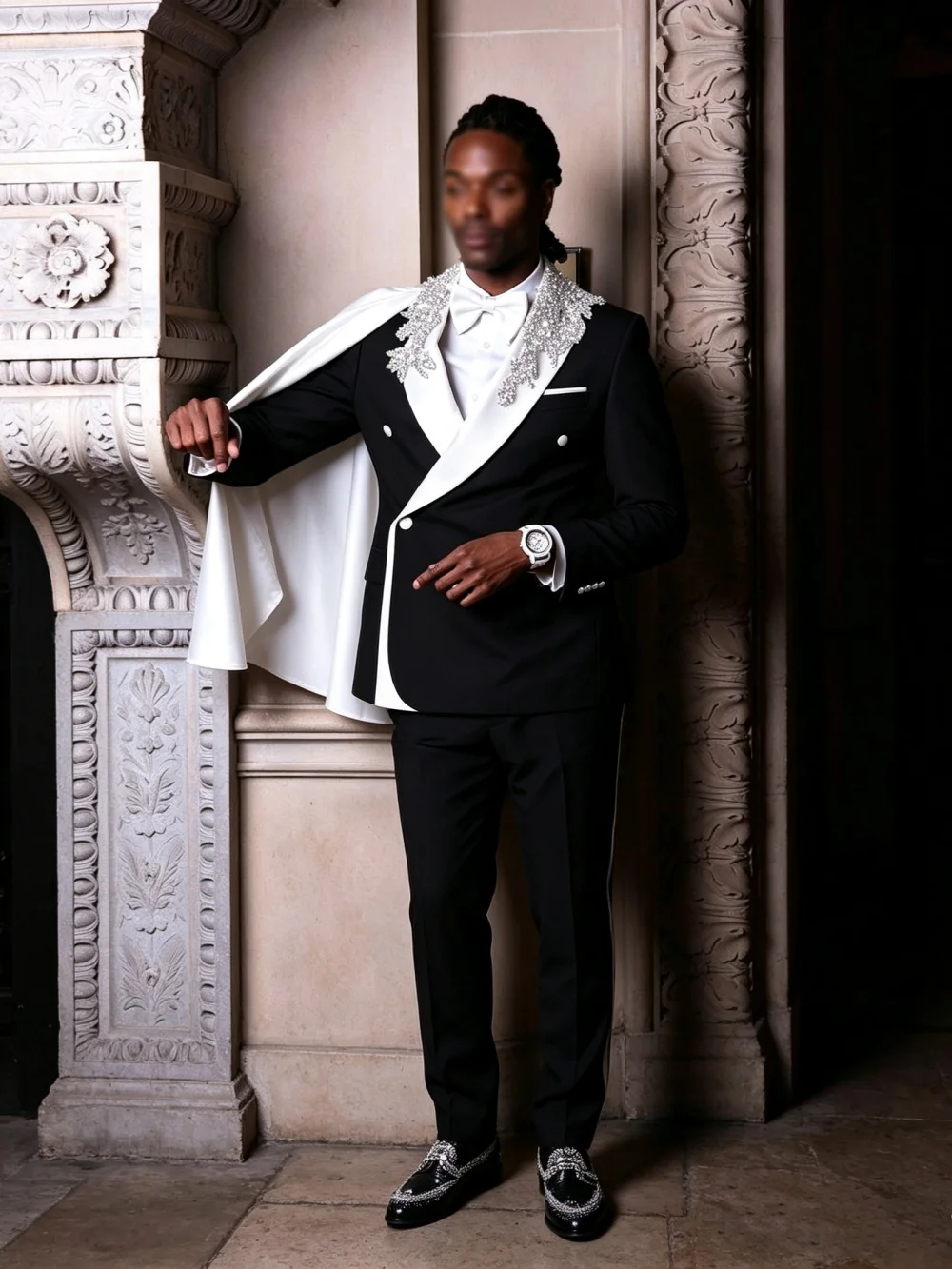 Design Wedding Tuxedos With Cape 2 Piece Set Jacket Pants Crystal Men Suits Fashion Double Breasted Blazers Banquet Customized