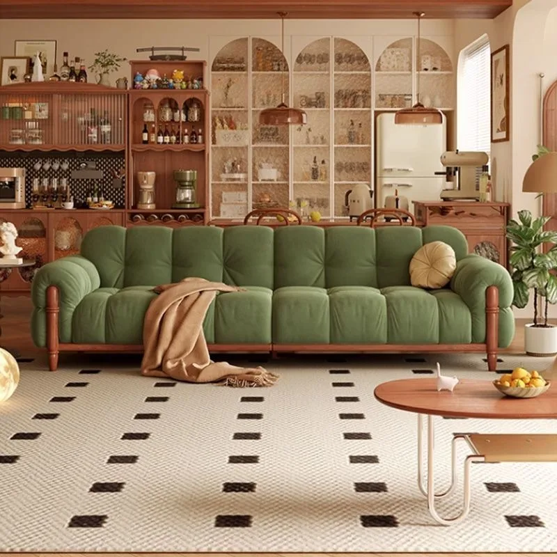 Retro sofa piano keys small apartment cream wind dark green sofa, American style, fabric sofa