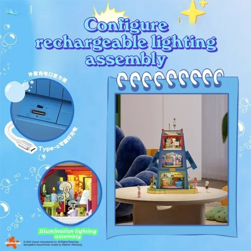 SpongeBob Series Building Blocks 1655PCS Squidward Stone House รุ่น Light Creative DIY ของเล่นวันหยุดของขวัญสําหรับเด็กผู้ใหญ่