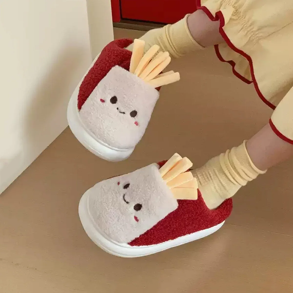 Home Slippers, Bedroom Non-Slip Cute French Fries Parent-Child Winter Warm Women's Cotton Slippers for Men and Women