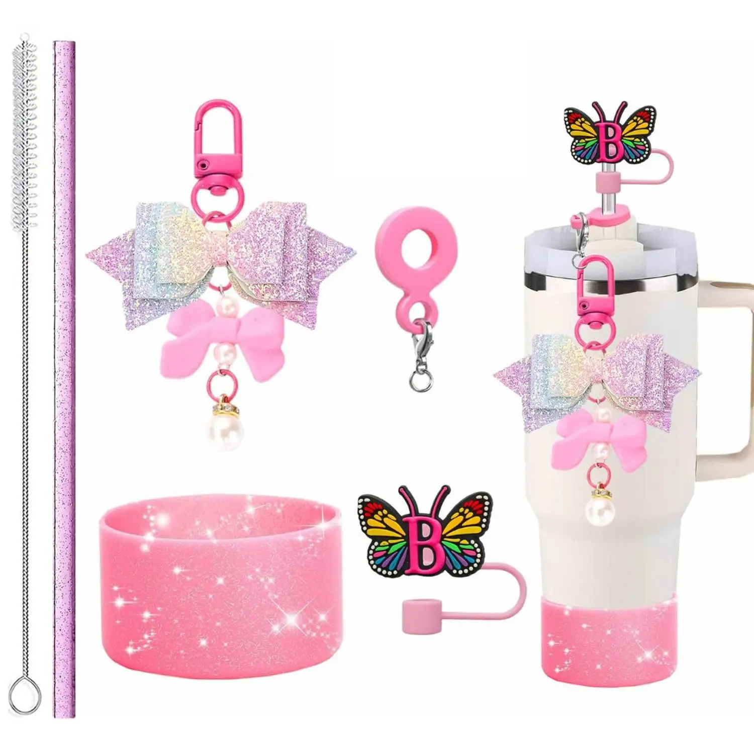 New Arrival for Stanley Bow Letter Straw Topper with Pearl Bow Charms And Cup Sleeve - Eco-Friendly Straw Brush Included