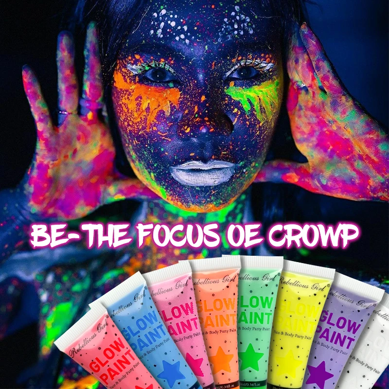 8 Colors Fluorescent Face Paint for UV Light,Bright Neon Glow Party Makeup, Water Based Face Body Painting for Halloween&Festiv
