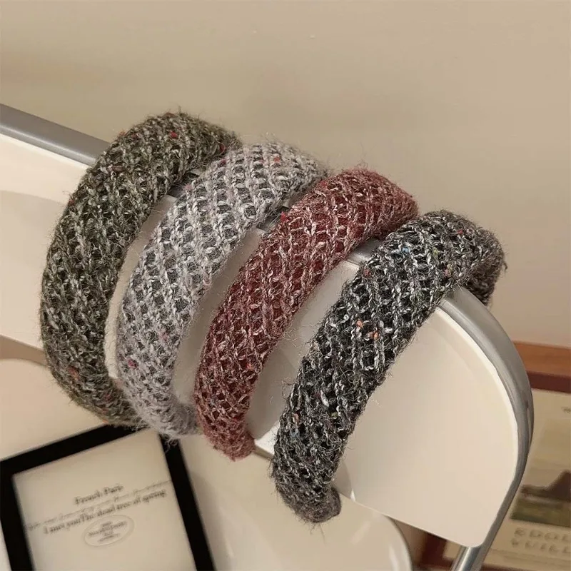 Woven French tweed wide edge high skull headband women's autumn  winter going out temperament versatile pressure headband women