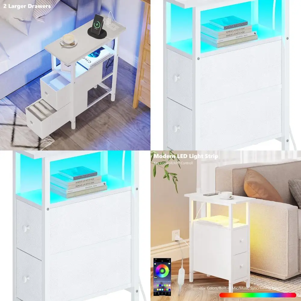 

White Slim Nightstand with 2 Drawers, LED Light, and Charging Station for Compact Spaces
