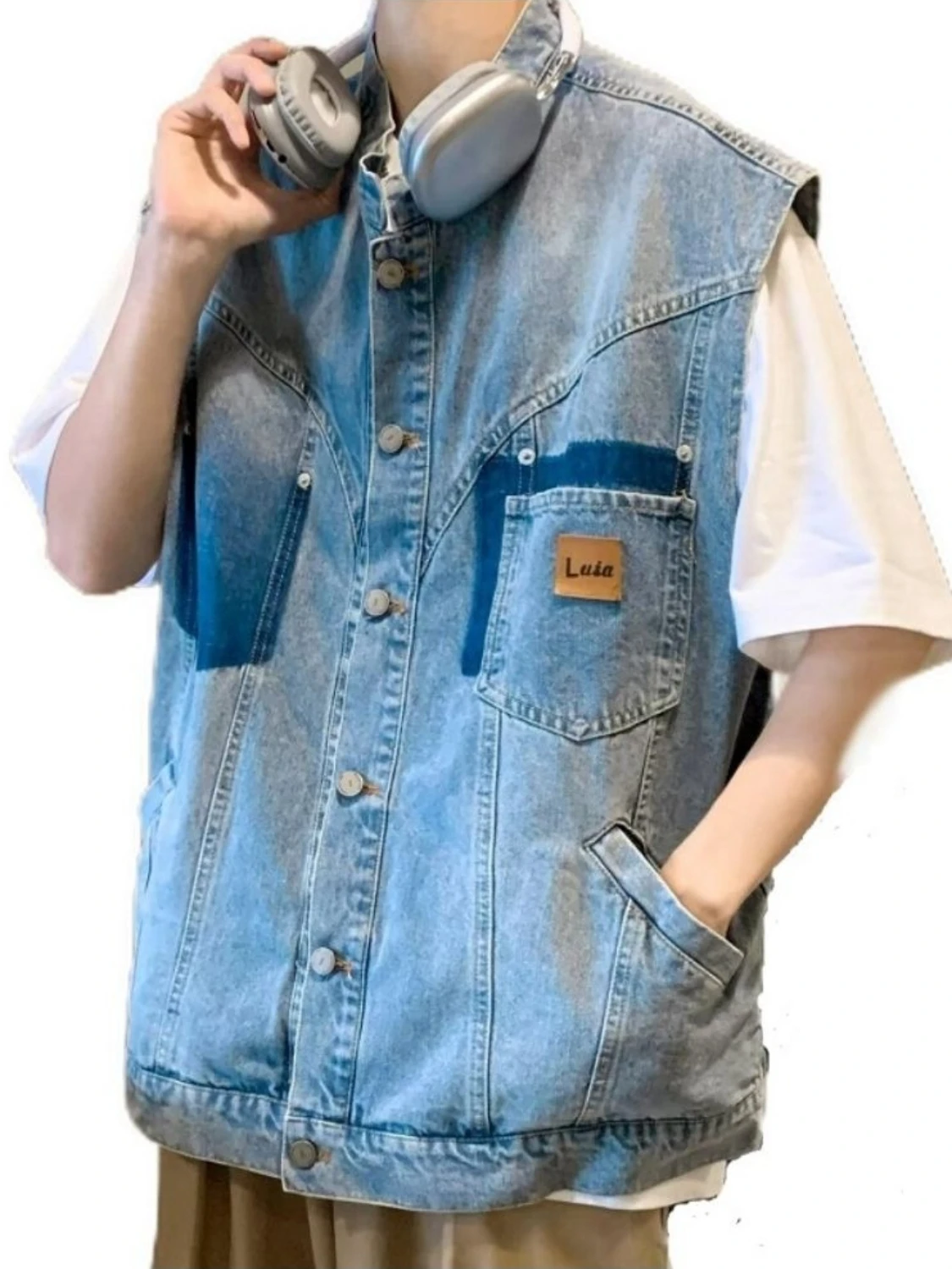 Men Women Japanese Retro Washed Denim Vest Cowboy Loose Colorblock Sleeveless Jacket Harajuku Casual Edgy Pocket Tank Top